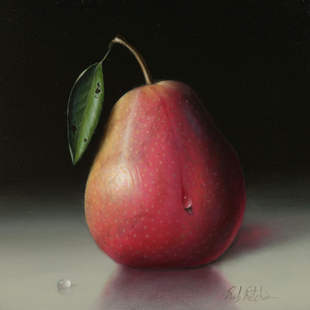 Starkrimson Pear is a stunning still life original painting the talented artist Rob Ritchie